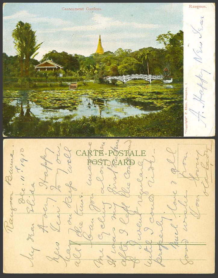 Burma 1910 Old Postcard RANGOON Bridge CANTONMENT GARDENS Myanmar Garden