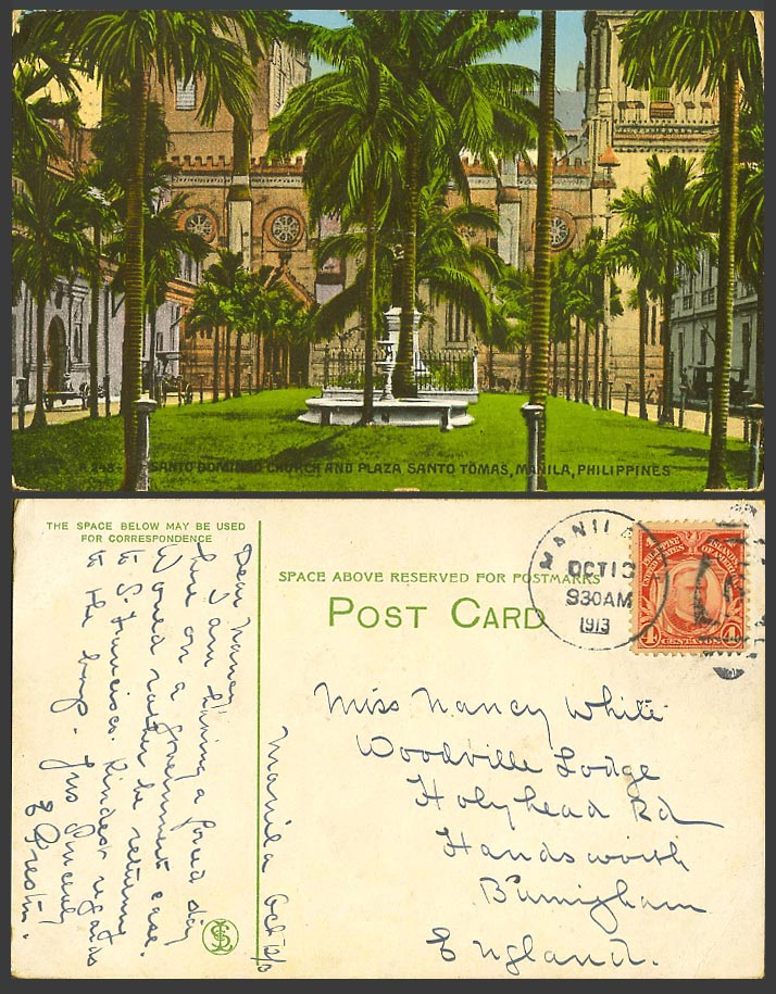 Philippines 1913 Old Postcard Manila, Santo Domingo Church and Plaza Santo Tomas