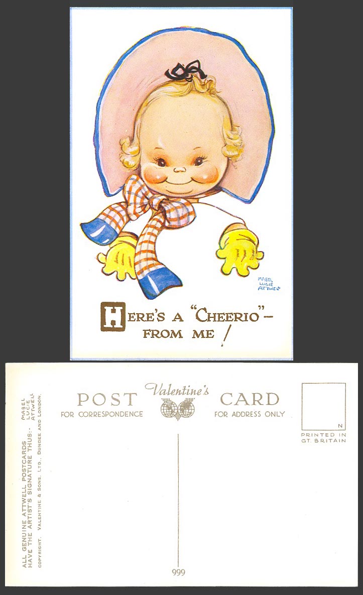 MABEL LUCIE ATTWELL Old Postcard Here's a Cheerio from Me Girl Hat Scarf No. 999