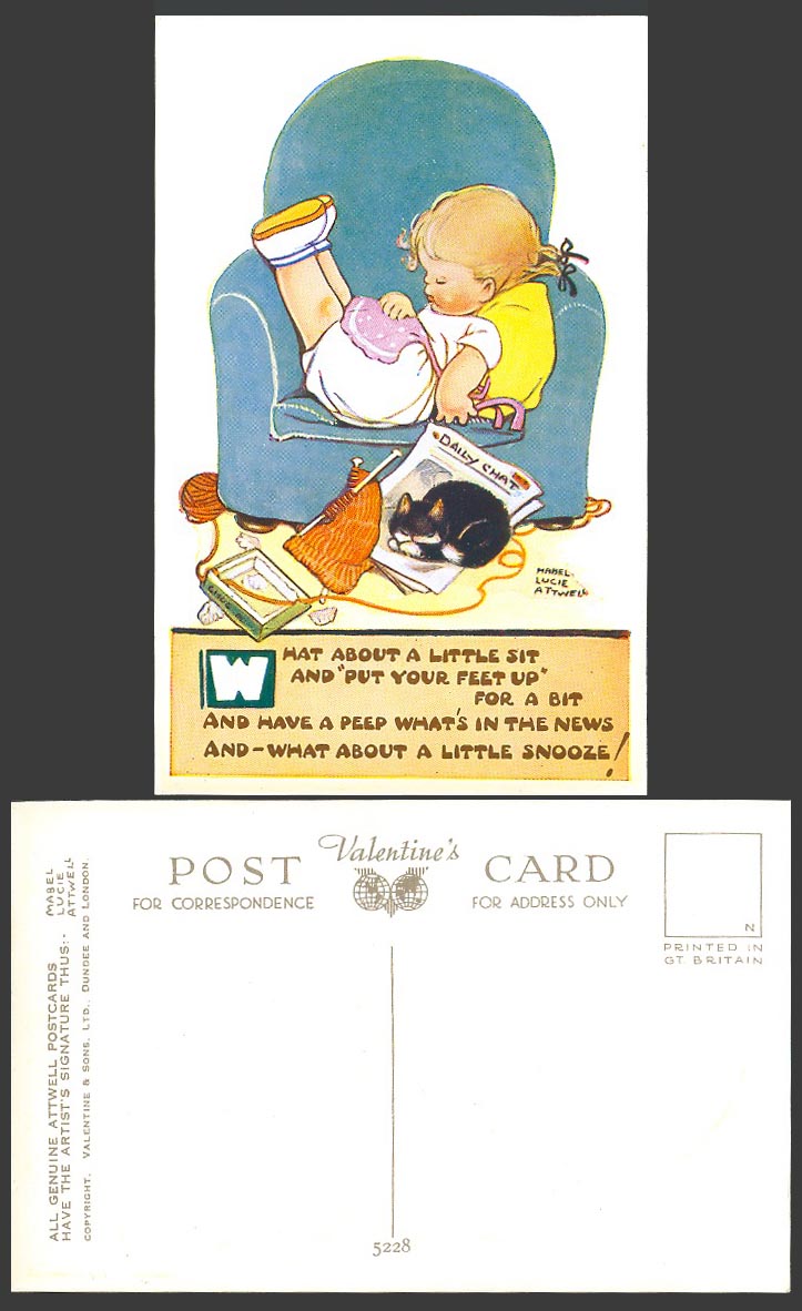 MABEL LUCIE ATTWELL Old Postcard Sit Put Your Feet up Snooze Sofa Black Cat 5228