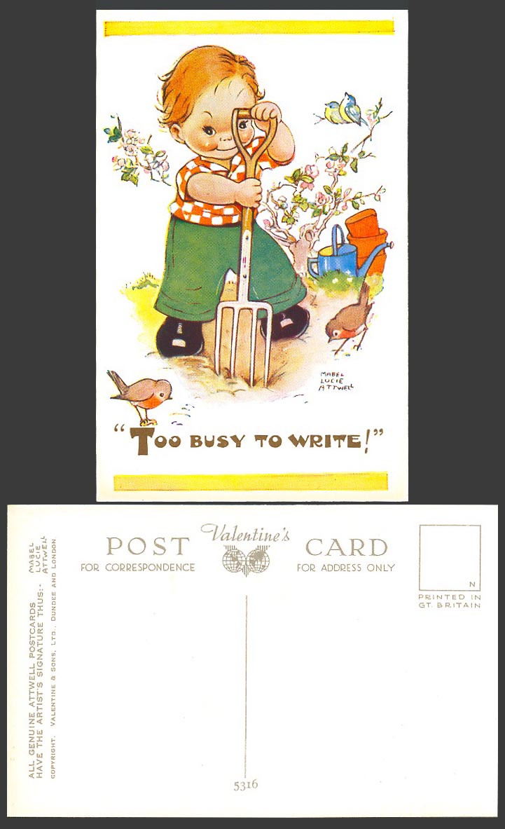 MABEL LUCIE ATTWELL Old Postcard Too Busy to Write Robin Birds and Gardener 5316