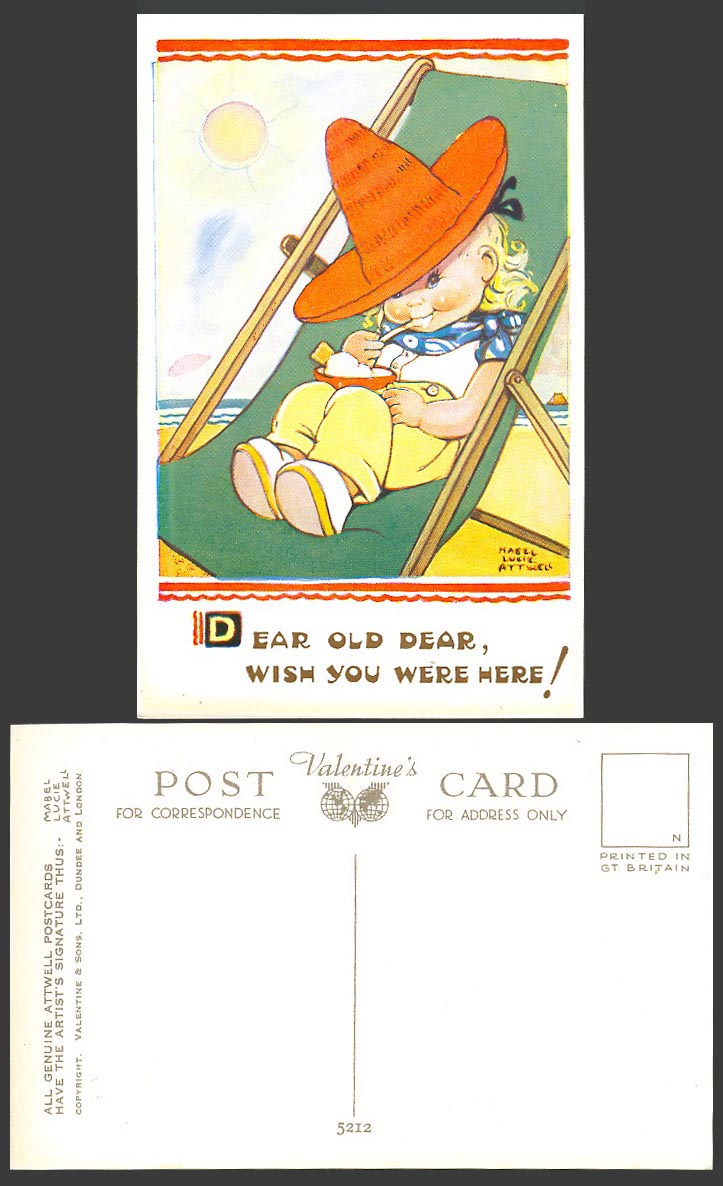 MABEL LUCIE ATTWELL Vintage Postcard Dear Old Dear Wish You Were Here Beach 5212
