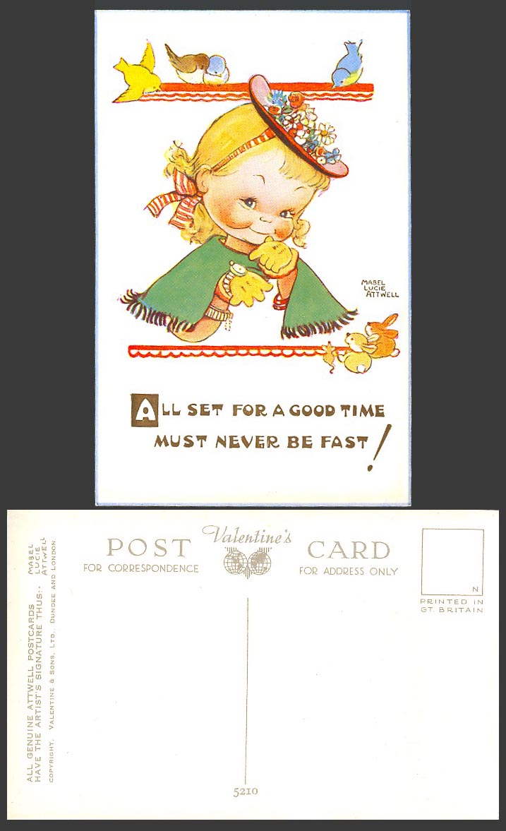 MABEL LUCIE ATTWELL Old Postcard All Set For a Good Time Never be Fast Bird 5210