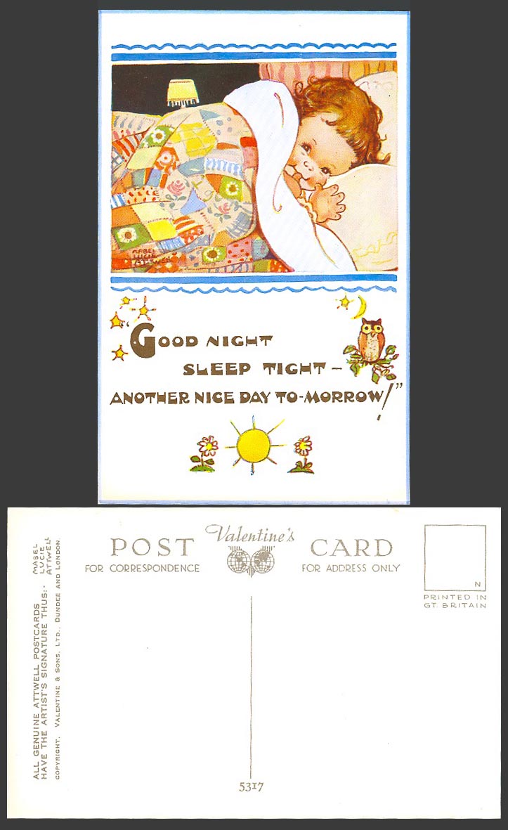 MABEL LUCIE ATTWELL Old Postcard Owl Good Night Sleep Tight Nice D Tomorrow 5317