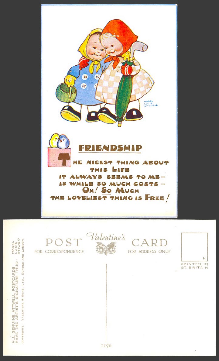 MABEL LUCIE ATTWELL Old Postcard The Friendship is FREE While So Much Costs 1170