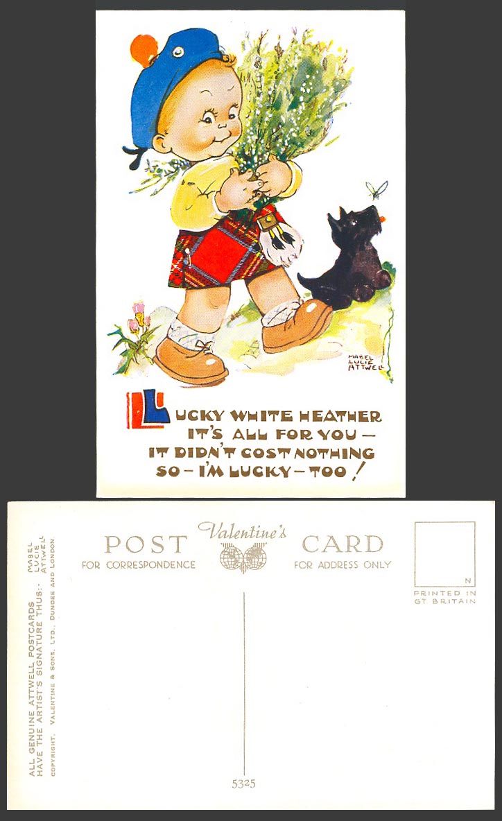 MABEL LUCIE ATTWELL Old Postcard Scottish Scottie Dog Puppy - Lucky Heather 5325
