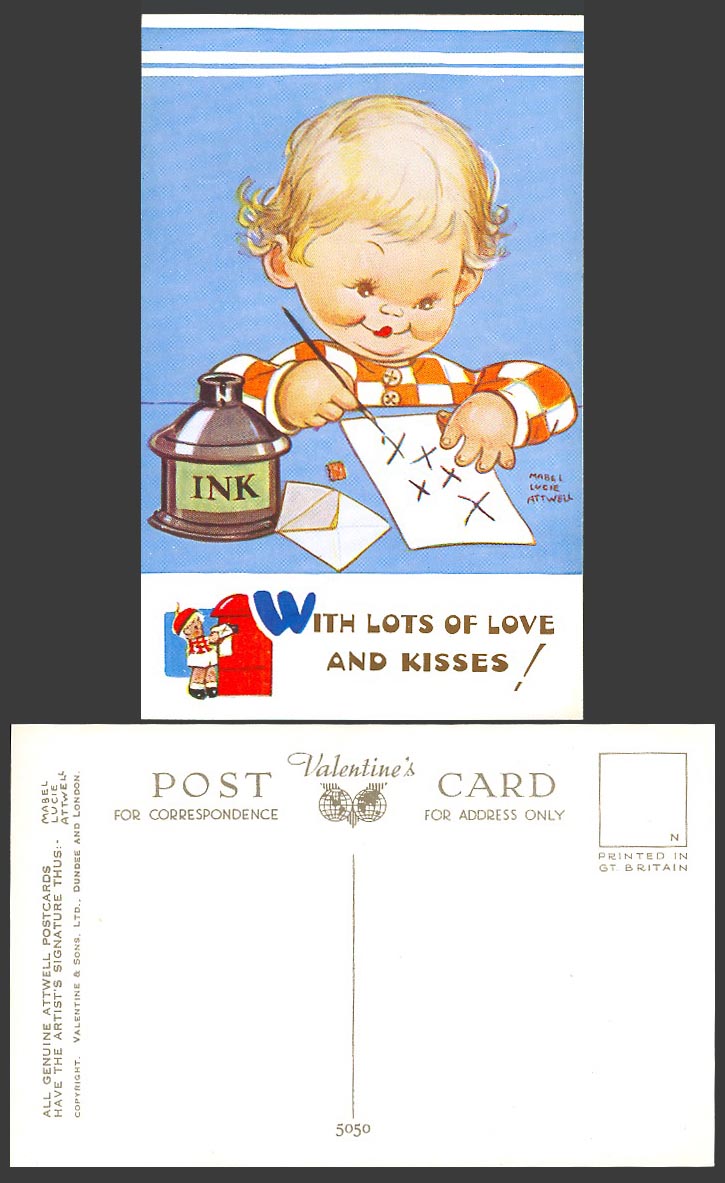 MABEL LUCIE ATTWELL Old Postcard With Lots of Love and Kisses! a INK Bottle 5050