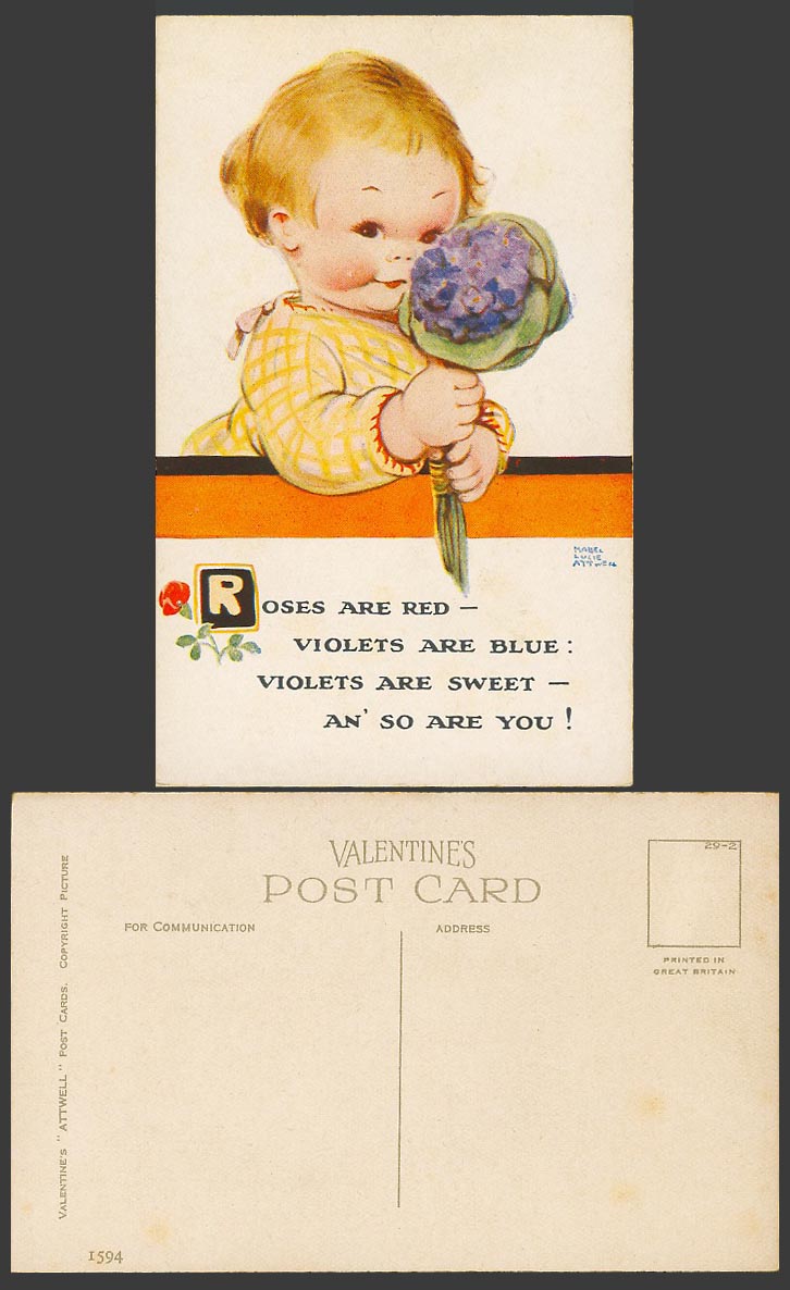 MABEL LUCIE ATTWELL Old Postcard Roses Red Violets Blue Sweet an So Are You 1594