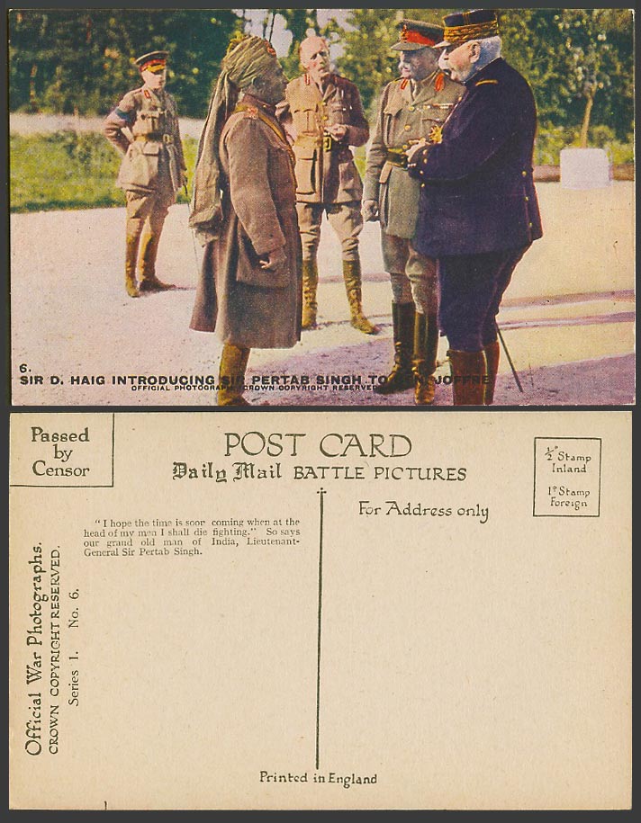 WW1 Daily Mail Old Postcard Sir D. Haig Introduce Pertab Singh to General Joffre