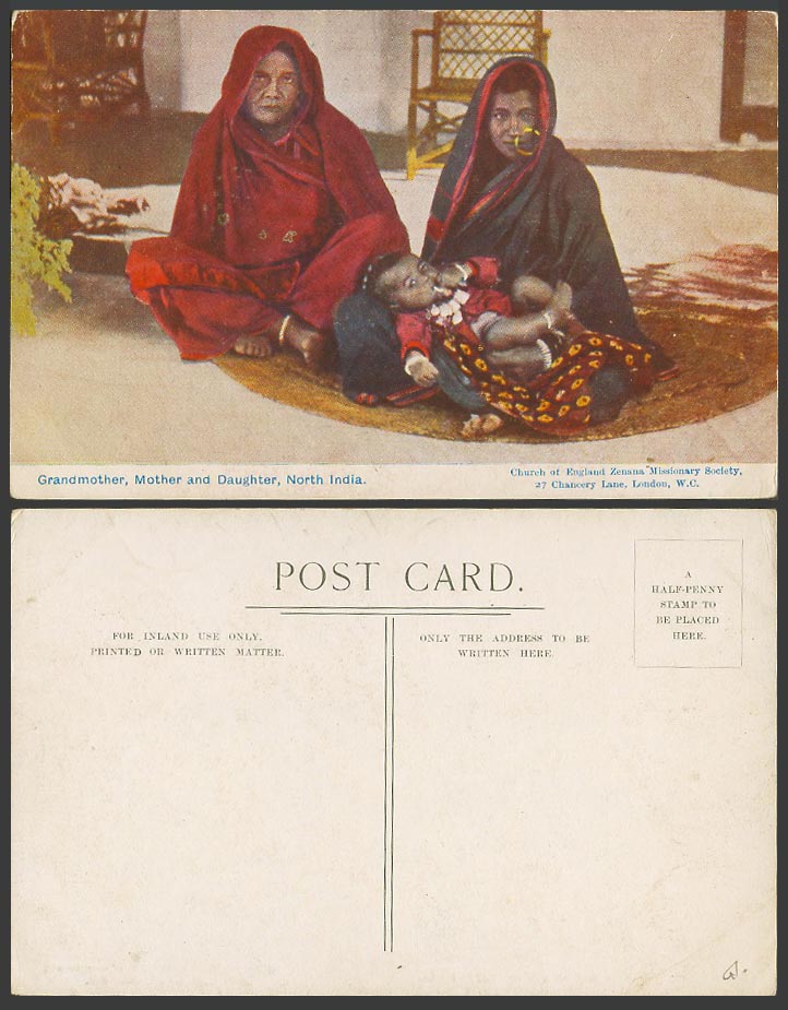 Indian Old Colour Postcard Grandmother Mother and Daughter North India, Costumes