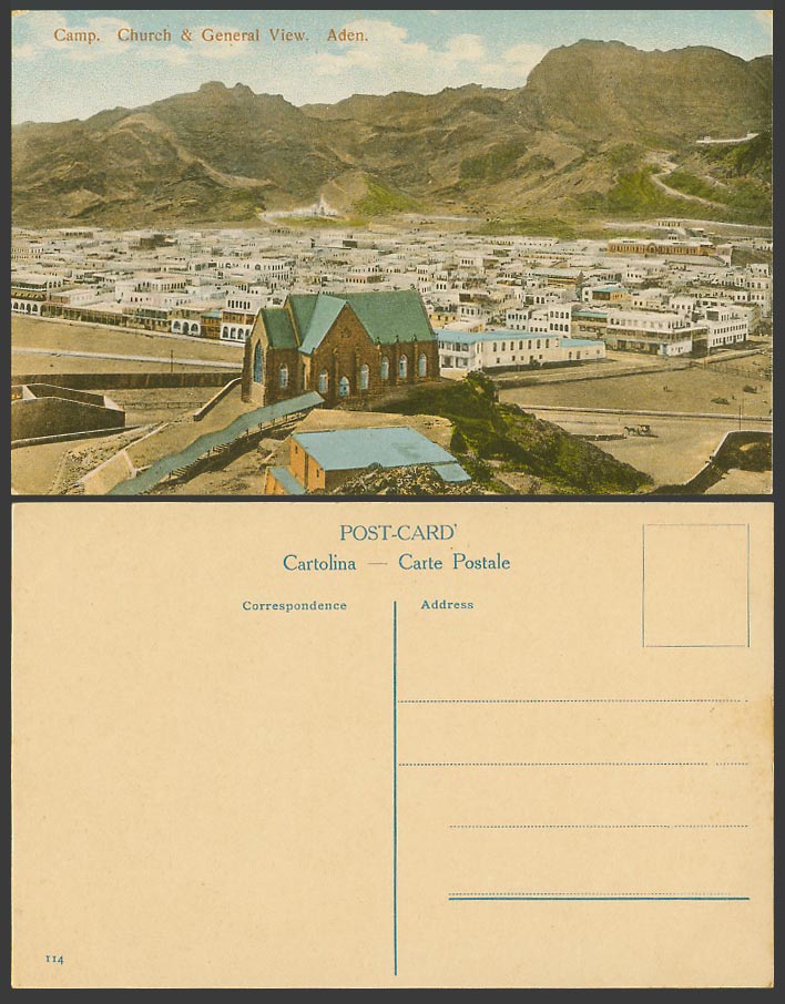 Aden Old Colour Postcard Camp, Church and General View Panorama, Mountains Yemen