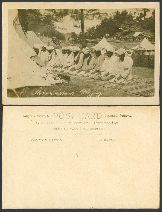 India Old Real Photo Postcard Mohammedans Praying, Muslim Prayer Prayers, Tents