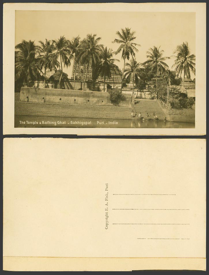 India Old R. Photo Postcard Temple Bathing Ghat Sakhigopal Puri Steps Palm Trees