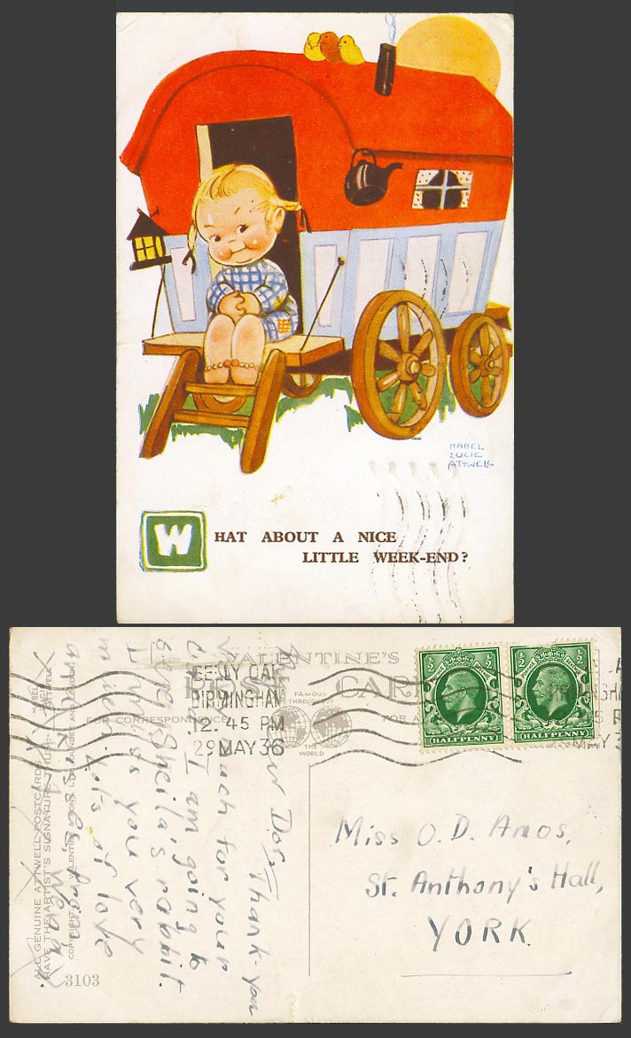 MABEL LUCIE ATTWELL 1936 Old Postcard What About a Nice Little Weekend Cart 3103