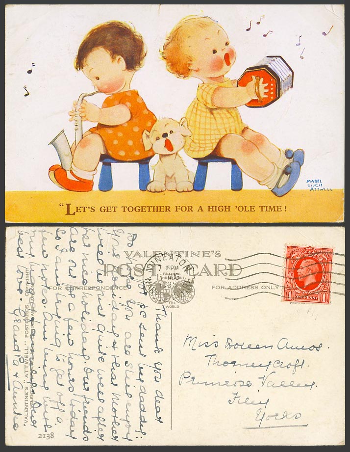 MABEL LUCIE ATTWELL 1935 Old Postcard Saxophone Music Get Together Ole Time 2138