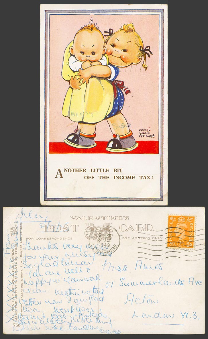 MABEL LUCIE ATTWELL 1949 Old Postcard Another Little Bit off the Income Tax! 756
