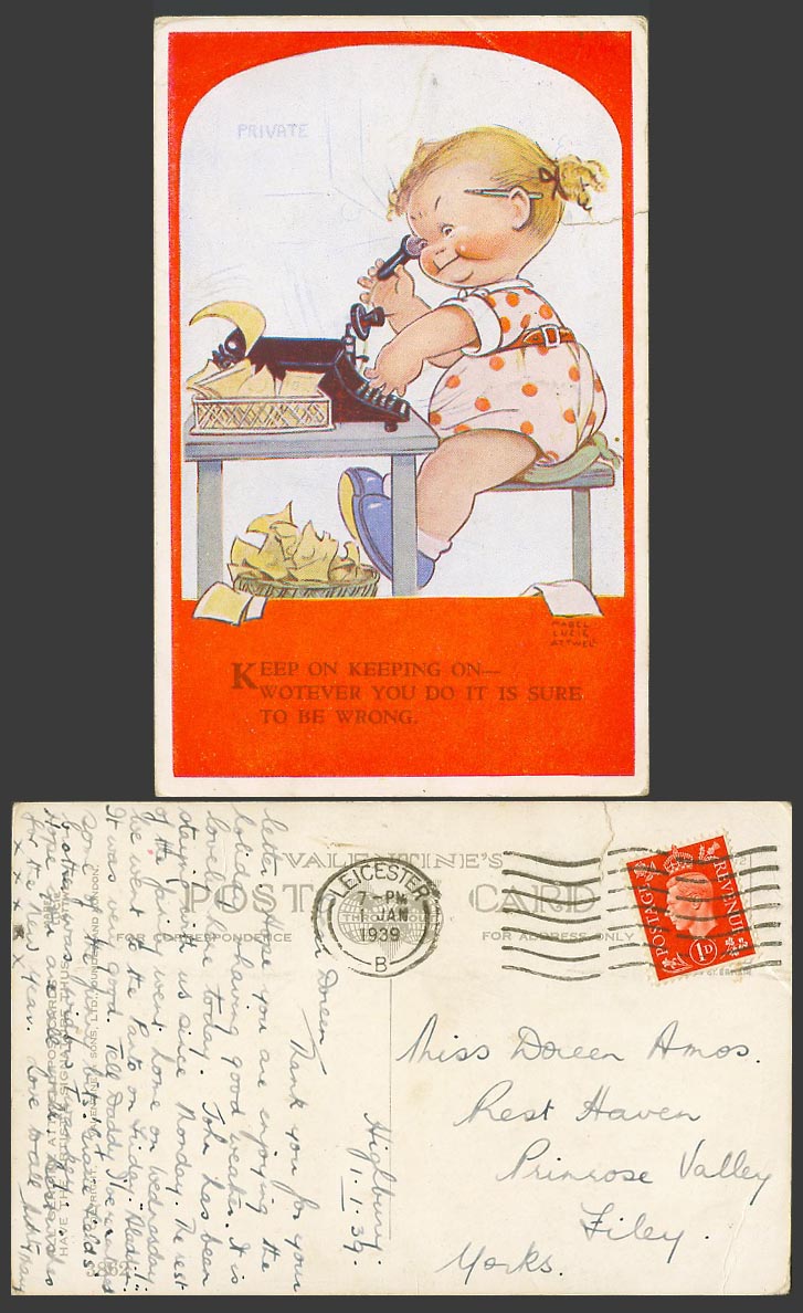 MABEL LUCIE ATTWELL 1939 Old Postcard Typist Typewriter Is Sure to Be Wrong 3862