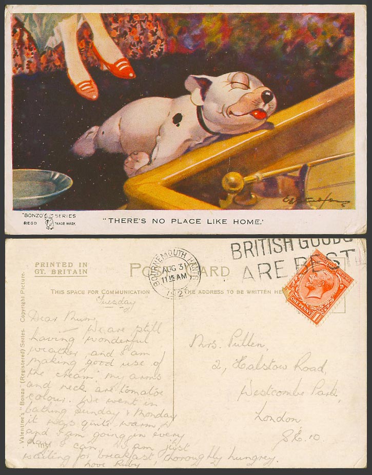 BONZO DOG GE Studdy 1926 Old Postcard There's No Place Like Home. Billiard 1051