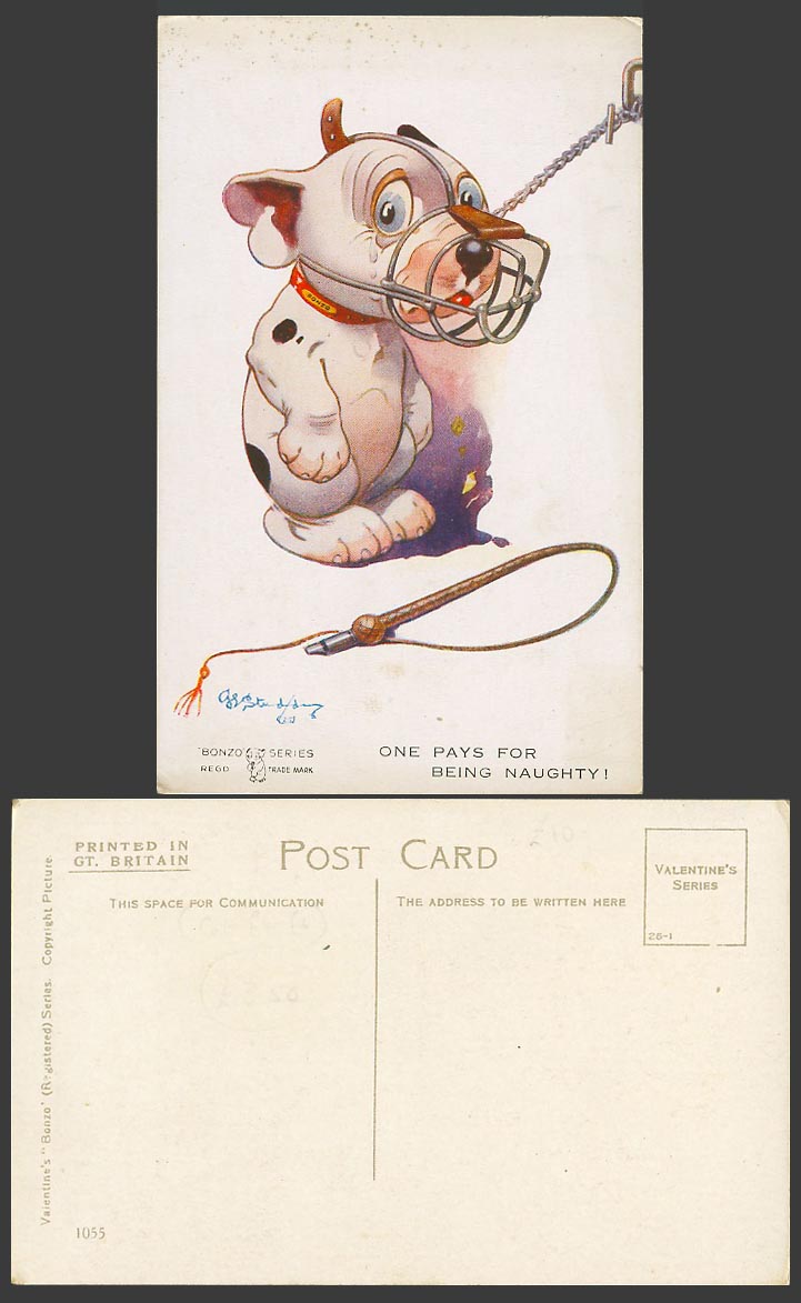 BONZO DOG GE Studdy Old Postcard One Pays For Being Naughty! Muzzle & Whip 1055