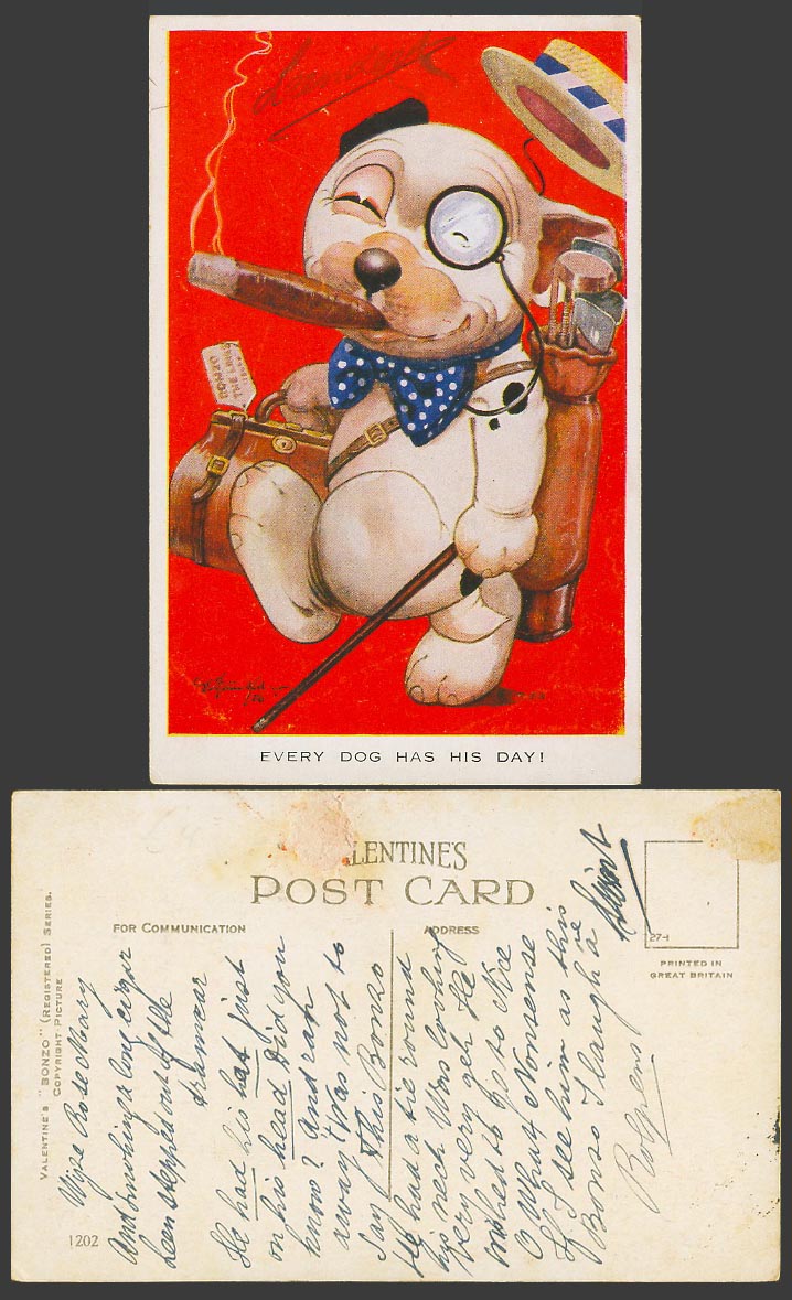 BONZO DOG GE Studdy Old Postcard Every Dog Has His Day Golfer Smoking Cigar 1202