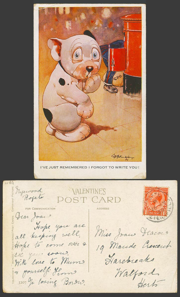 BONZO DOG GE Studdy 1929 Old Postcard Puppy Forgot to Write You GPO Postman 1207