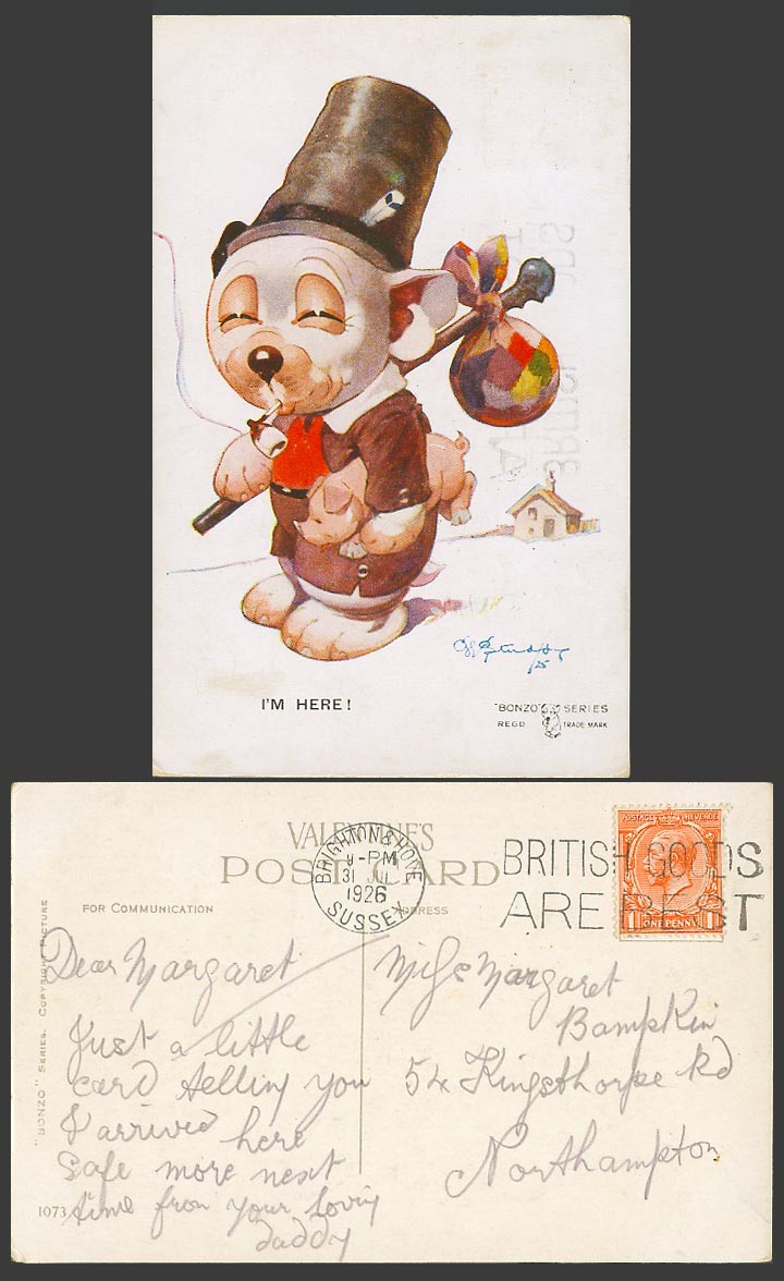 BONZO DOG GE Studdy 1926 Old Postcard I'm Here Puppy and Pig Piglet Smoking 1073