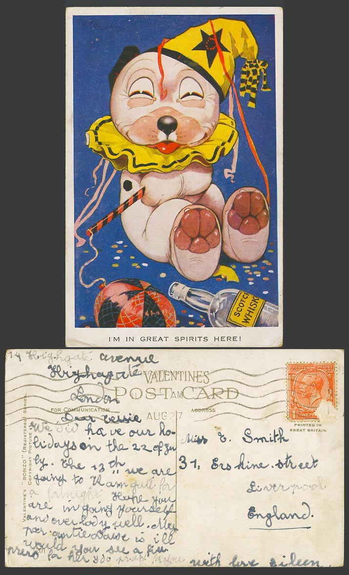 BONZO DOG GE Studdy 1927 Old Postcard Clown Im in Great Spirits Here Whisky 1201