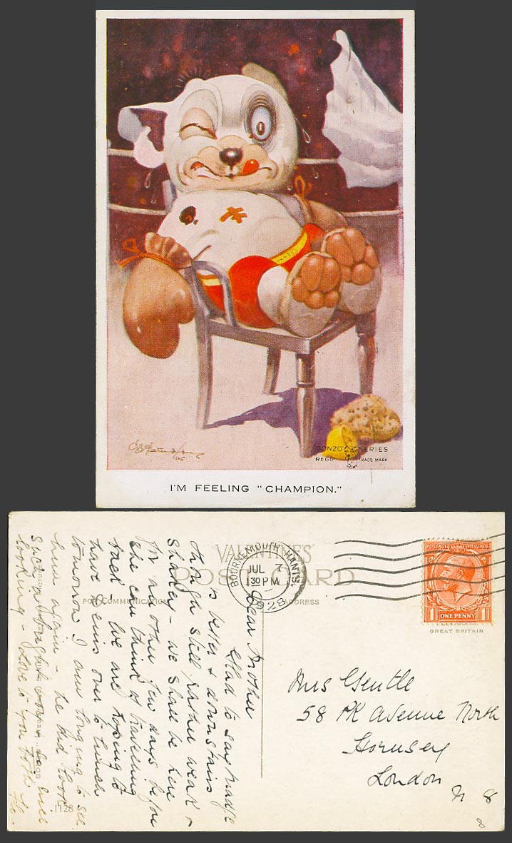 BONZO DOG G.E. Studdy 1928 Old Postcard BOXING, I'm Feeling Champion, Boxer 1128