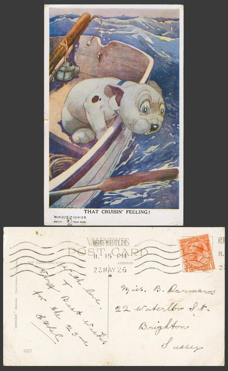 BONZO DOG G.E. Studdy 1926 Old Postcard That Cruisin Feeling Puppy Boat Oar 1077