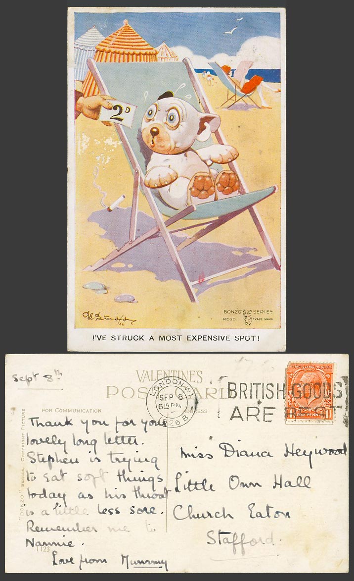 BONZO DOG GE Studdy 1926 Old Postcard Struck a Most Expensive Spot on Beach 1123