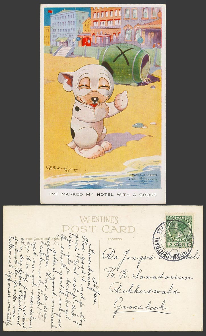 BONZO DOG GE Studdy 1937 Old Postcard I Marked My Hotel with A Cross, Beach 1120