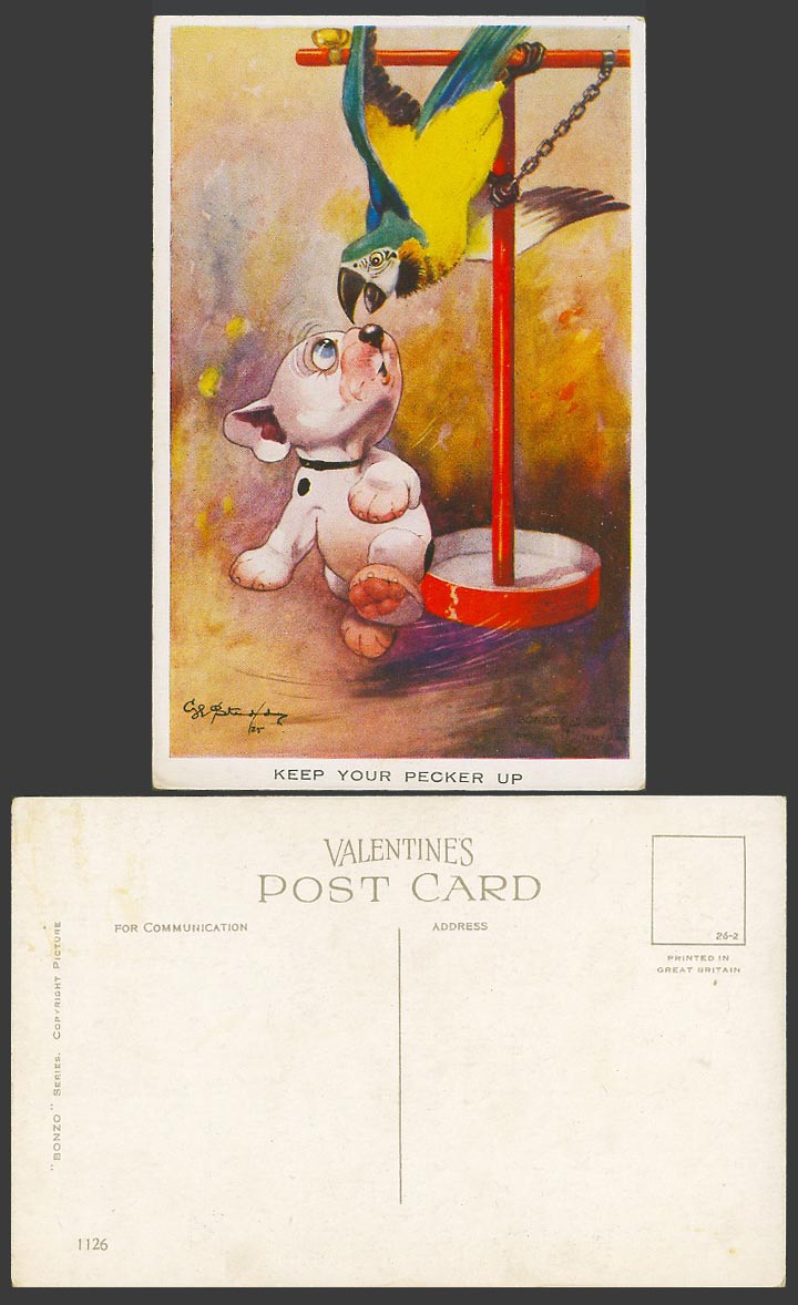 BONZO DOG G.E. Studdy Old Postcard Keep Your Pecker Up Parrot Parakeet Bird 1126
