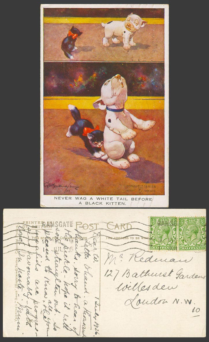 BONZO DOG GE Studdy 1926 Old Postcard Never Wag W Tail Before a Black Kitten 990