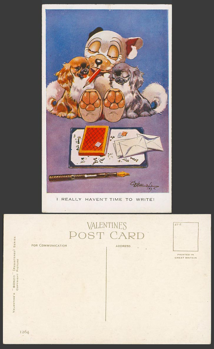 BONZO DOG GE Studdy Old Postcard I Really Haven't Time to Write Puppies Pen 1264