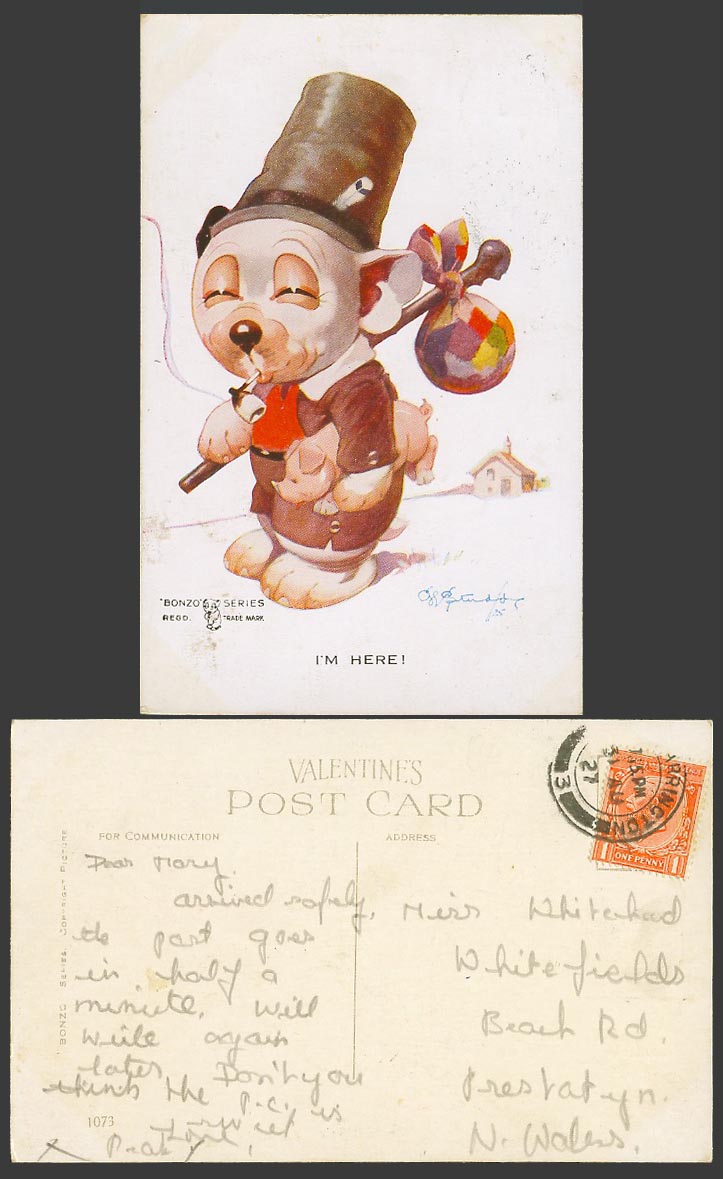 BONZO DOG GE Studdy 1927 Old Postcard I'm Here Puppy and Pig Piglet Smoking 1073