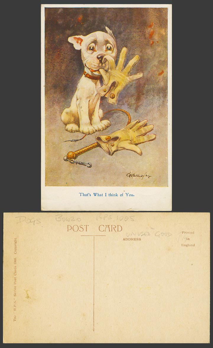 BONZO DOG GE Studdy Old Postcard That's What I think of You Gloves and Whip 1005
