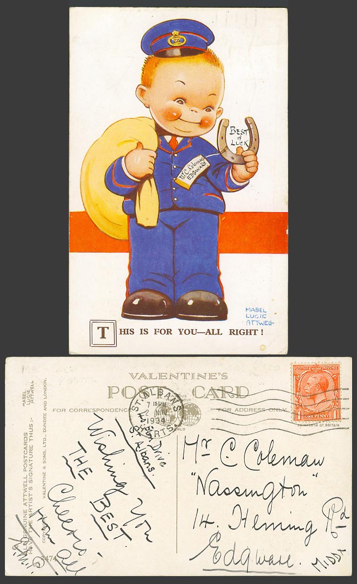 MABEL LUCIE ATTWELL 1934 Old Postcard Postman Horseshoe This is For U, Luck 2474