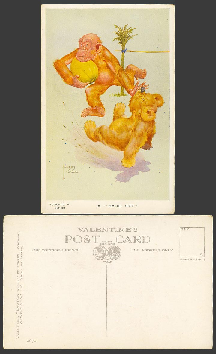 LAWSON WOOD Old Postcard Gran-Pop A Hand Off. Bear Monkey Chimpanzee Melon  2670
