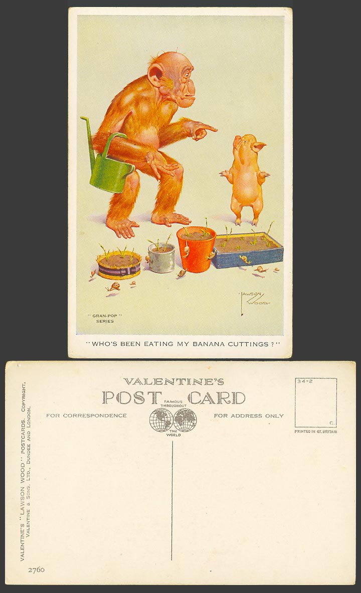 Lawson Wood Old Postcard Chimpanzee Monkey, Pig Piglet Eats Banana Cuttings 2760