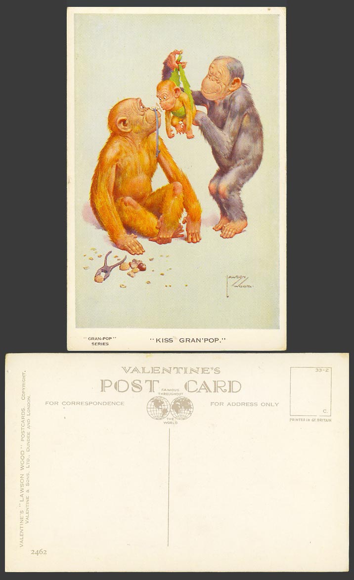 Lawson Wood Old Postcard Gran-Pop Kiss Gran'pop Chimpanzee Monkey Baby Nuts 2462
