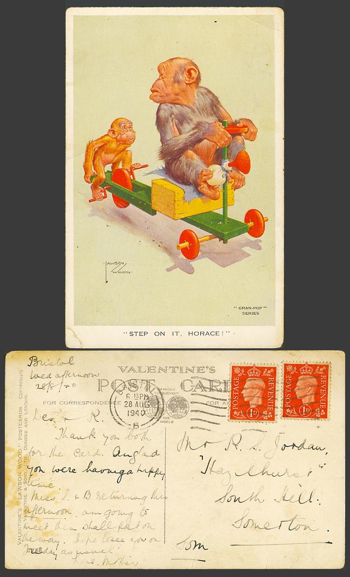 Lawson Wood 1940 Old Postcard Gran'Pop Step on it Horace Chimpanzee Monkeys 2758