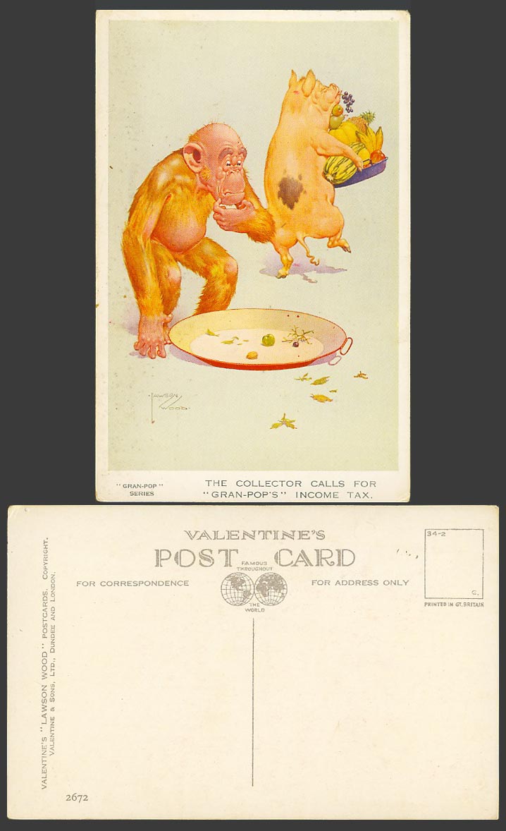 Lawson Wood Old Postcard Pig Piglet Chimpanzee Monkey Gran-pop's Income Tax 2672