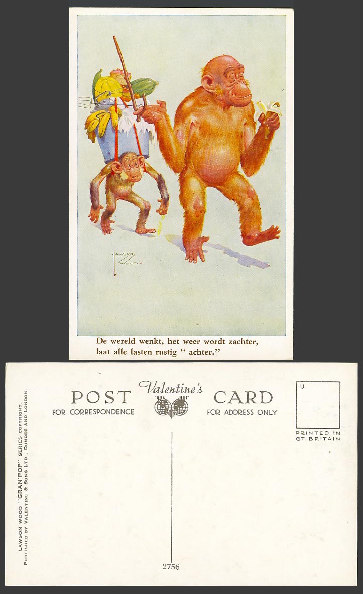 Lawson Wood Old Postcard Gran'Pop, Chimpanzee Monkey Eats Banana, Dutch Caption