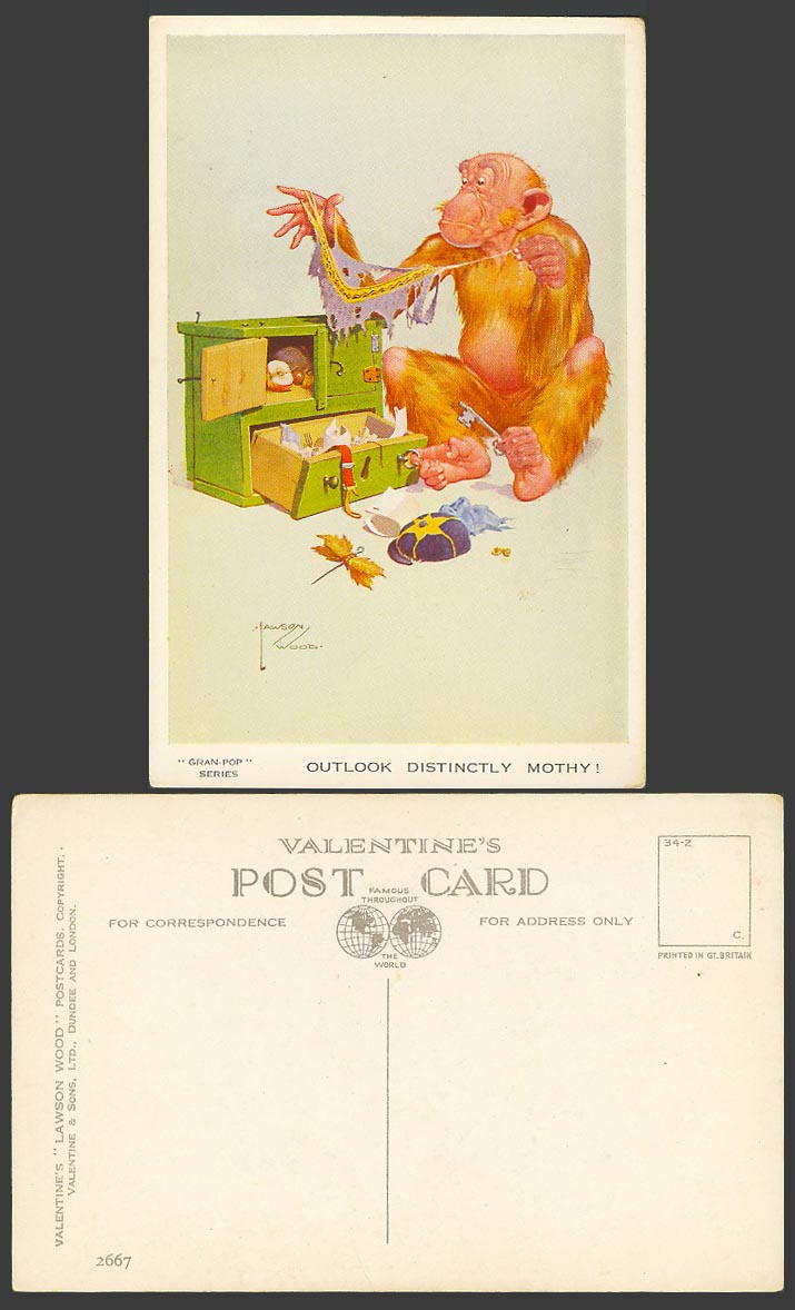 Lawson Wood Old Postcard Gran-Pop, Chimpanzee Monkey, Outlook Distinctly Mothy!