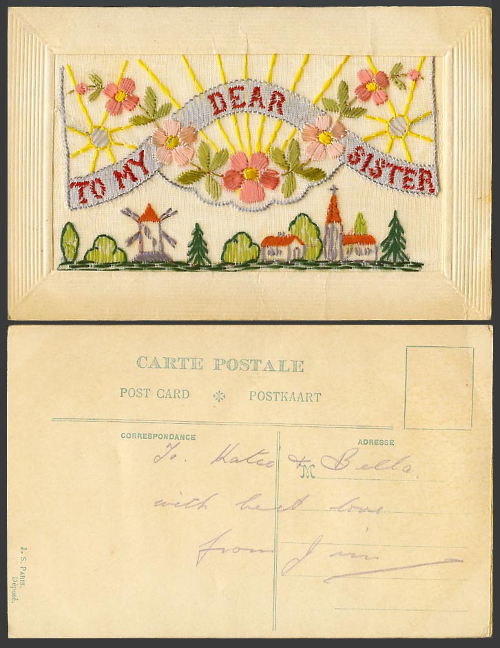 WW1 SILK Embroidered Old Postcard To My Dear Sister Windmill Church Empty Wallet