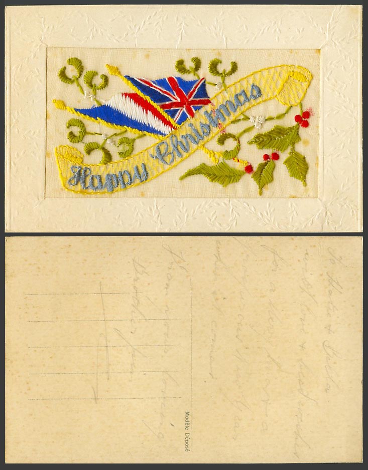 WW1 SILK Embroidered Old Postcard Happy Christmas Holly Mistletoe Brit Fr. Flags