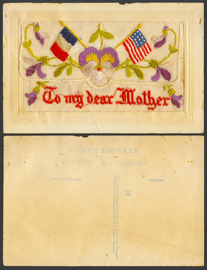 WW1 SILK Embroidered Old Postcard To My Dear Mother Flower French & US Flag USA