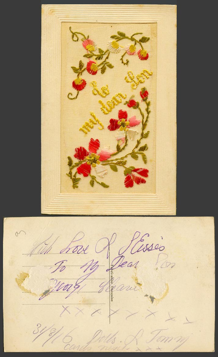 WW1 SILK Embroidered 1916 Old Postcard To My Dear Son, Flowers Novelty Greetings