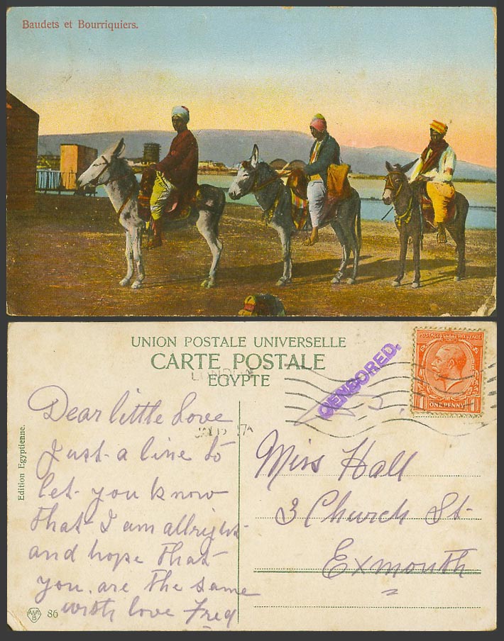 Egypt WW1 Censored 1917 Old Colour Postcard Baudets & Bourriquiers Donkey Riders