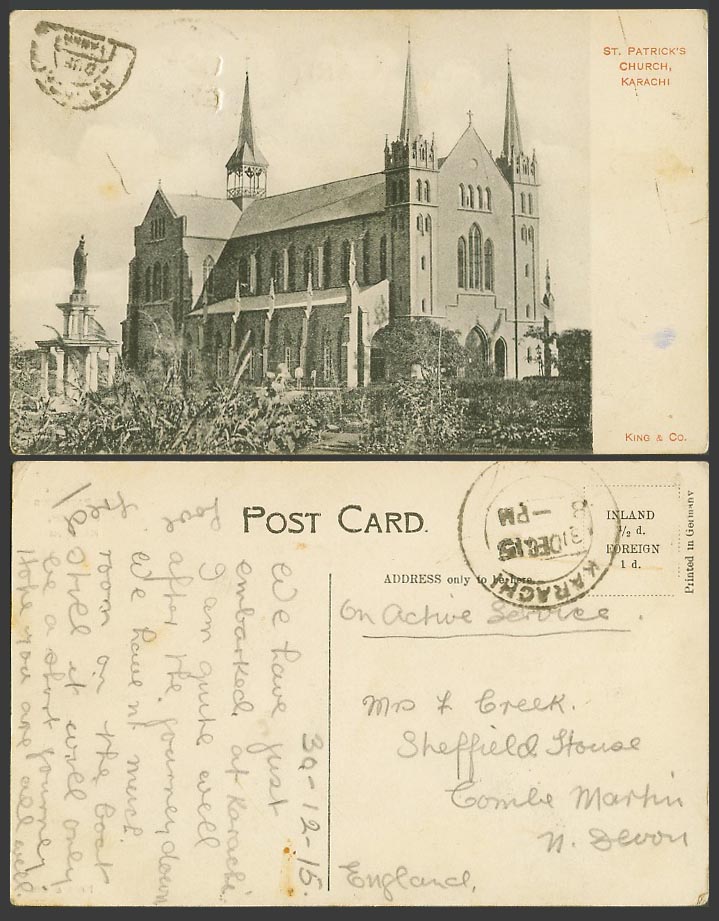 Pakistan 1915 Old Postcard St. Patrick Church, Karachi, Monument Memorial Statue